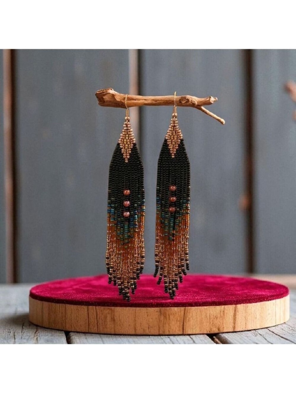 Handmade Black and Bronze Beaded Fringe Earrings